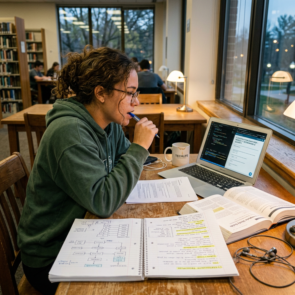 Student studying programming code on laptop with handwritten notes and textbooks