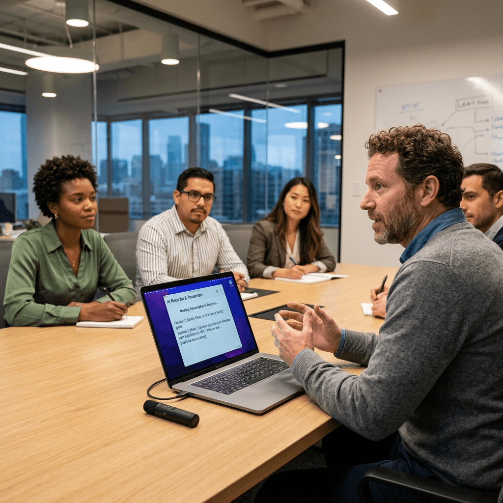 Five professionals in a meeting room with laptop showing AI transcription software